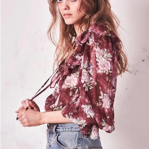 LOVESHACKFANCY Merryl Top Ruffle Blouse Romantic Saddle Red {UU24} - Picture 3 of 5